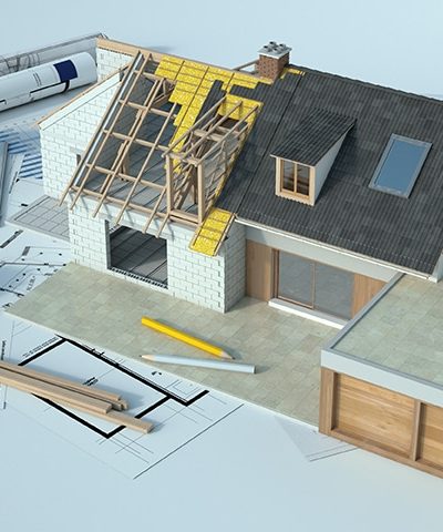 travaux_extension_maison modèle 3d d'une maison avec une extension en cours de construction